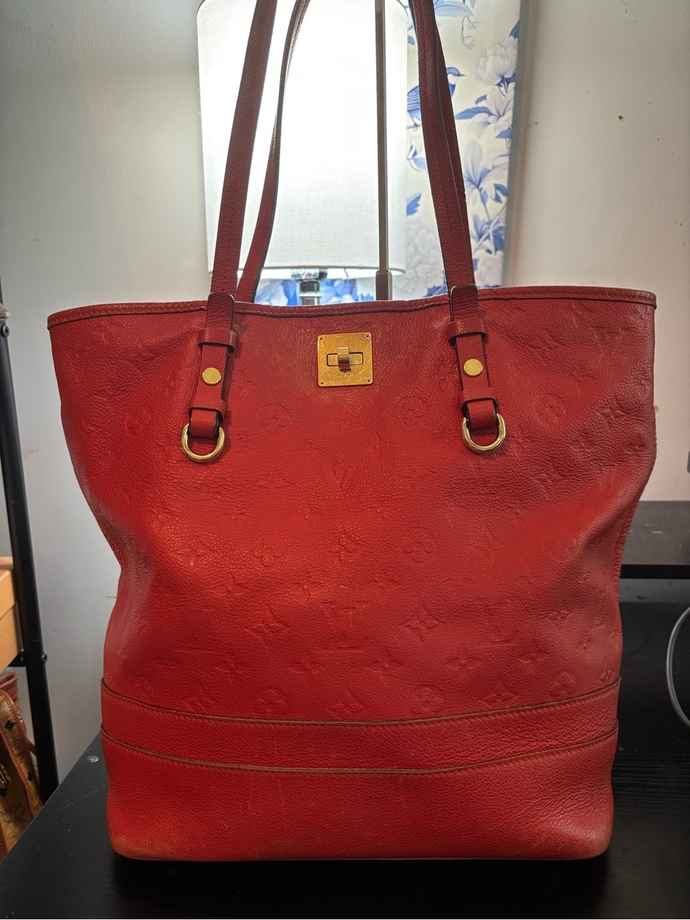 Auth Louis Vuitton Citadine PM Monogram Empreinte Leather Tote Bag Red Orient